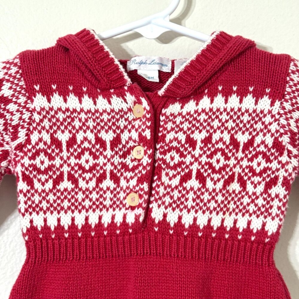 Ralph Lauren Baby Red Cotton Fair Isle Sweater Dress Hooded Holiday Christmas - Picture 2 of 12